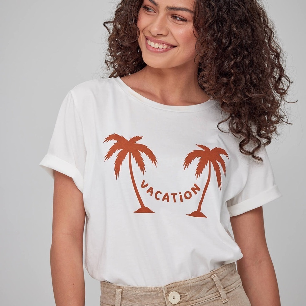 SOUTH PARADE Lola Round Neck Vacation Palm Off White Short Sleeve Tee Size L - Picture 2 of 8